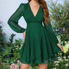 Damen verspieltes A-Linien Kleid mit langen Puffyärmeln und V-Ausschnitt R&B