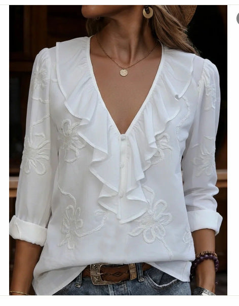 Damen elegante Bluse mit Volant und floralem Stickmuster R&B