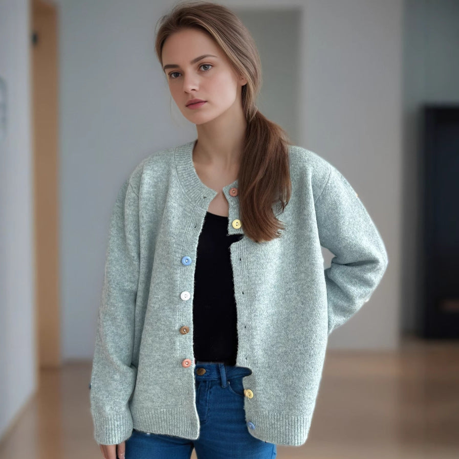 Damen kuschelige Strickjacke mit bunten Knopfdetails R&B