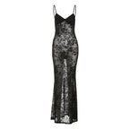 Damen Elegantes Spitzen-Maxi-Kleid mit Spaghetti-Trägern und transparenter Optik R&B