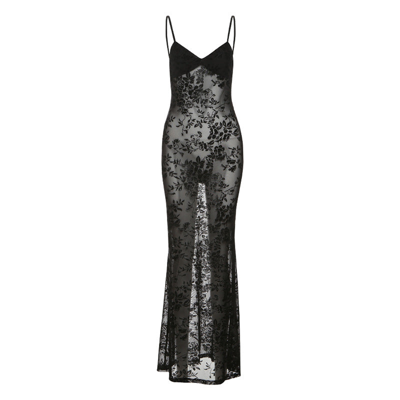 Damen Elegantes Spitzen-Maxi-Kleid mit Spaghetti-Trägern und transparenter Optik R&B