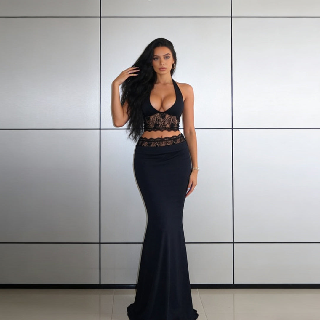 Damen Elegantes Spitzen-Crop-Top mit hochgeschnittenem Maxiröckchen R&B