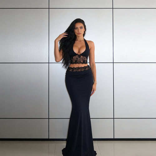 Damen Elegantes Spitzen-Crop-Top mit hochgeschnittenem Maxiröckchen R&B