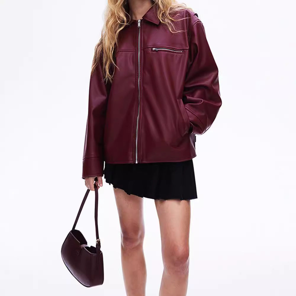 Damen modische Kunstlederjacke mit elastischem Saum und modernem Schnitt R&B