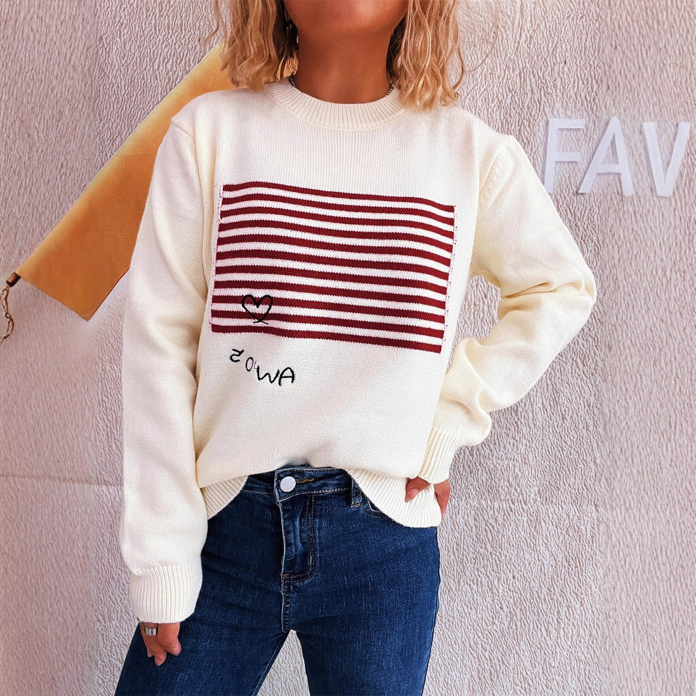 Damen lässiger Pullover mit gestreiftem Design und Herzapplikation R&B