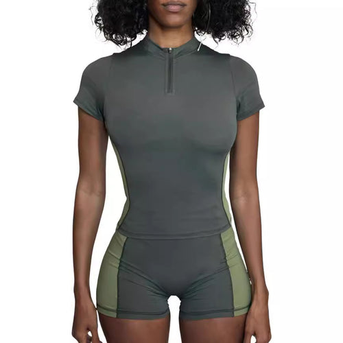 Damen Sportliches Kurzarm-Set mit Reißverschluss und modischem Design R&B