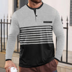 Herren nan modernes Langarm-Polo mit Henley-Blende gestreifter Brustpartie und Stehkragen R&B