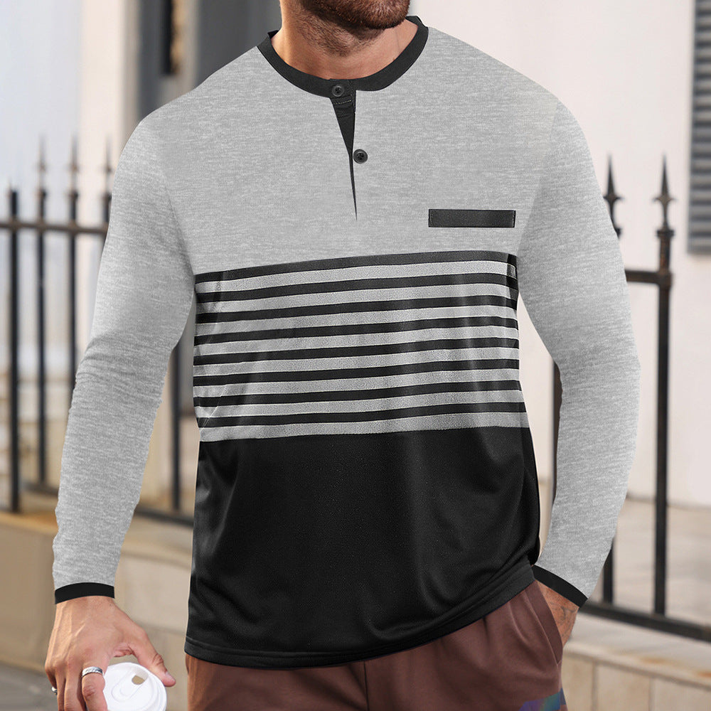 Herren nan modernes Langarm-Polo mit Henley-Blende gestreifter Brustpartie und Stehkragen R&B