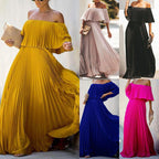 Damen Maxikleid mit asymmetrischem Plisseefall und schulterfreiem Design R&B