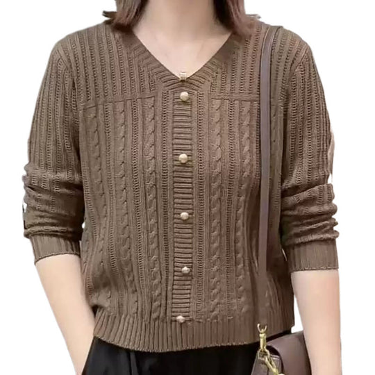 Damen Strickjacke mit feinem Zopfmuster und eleganten Perlenknöpfen R&B