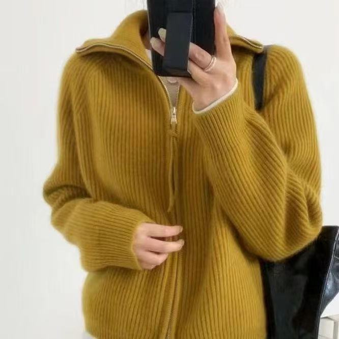 Damen Strickjacke mit hohem Kragen und durchgehendem Reißverschluss R&B