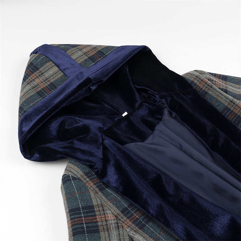 Damen Langer Blazer mit eleganter Karomusterung und luxuriösem Samtkragen R&B