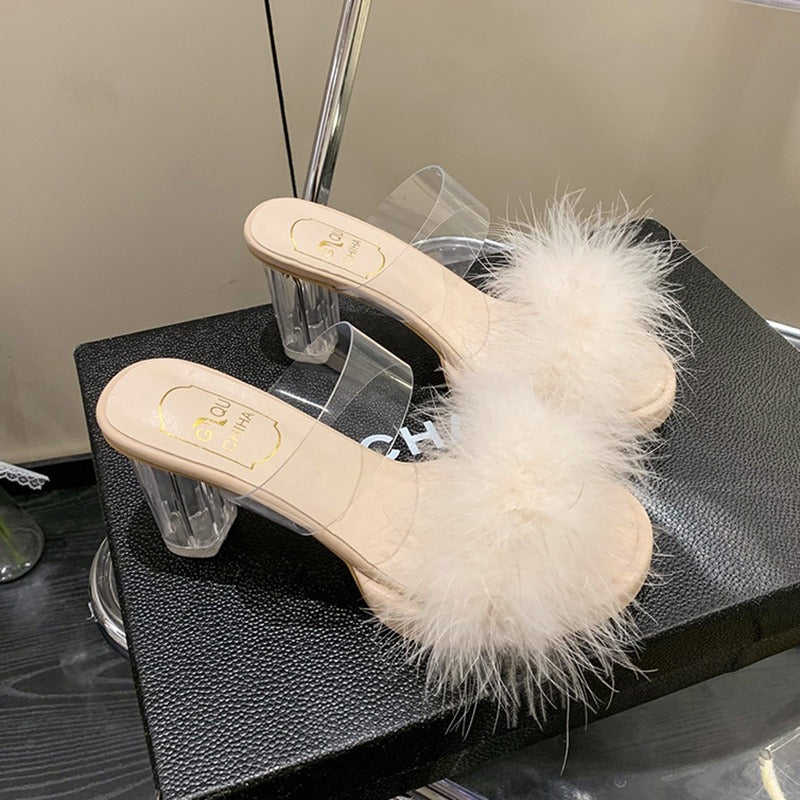 Damen elegante Mules mit transparentem Blockabsatz und feiner Fellverzierung R&B