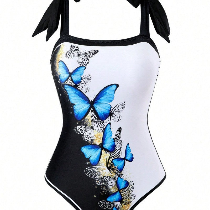 Damen Einteiler Badeanzug mit schickem Wickelrock und Butterfly-Motiv R&B