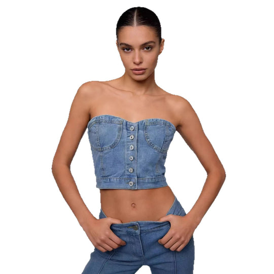 Damen Denim Bustier-Oberteil mit Knopfdetails und tailliertem Schnitt R&B