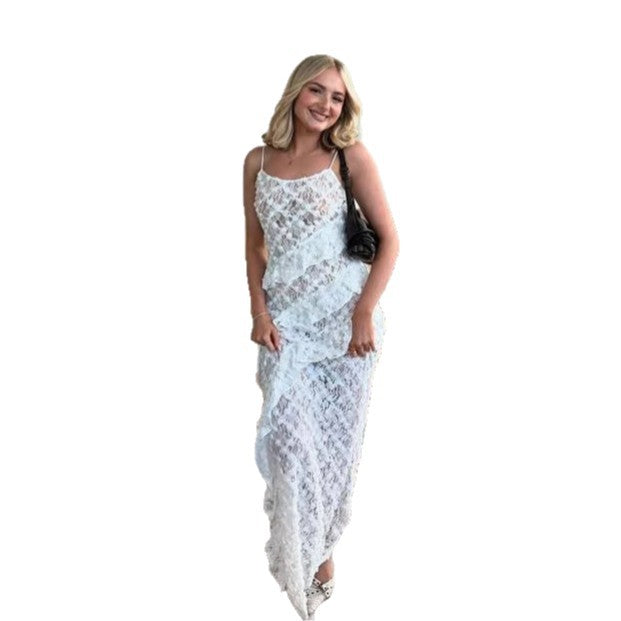 Damen Elegantes Spitzen-Maxikleid mit asymmetrischen Drapierungen R&B