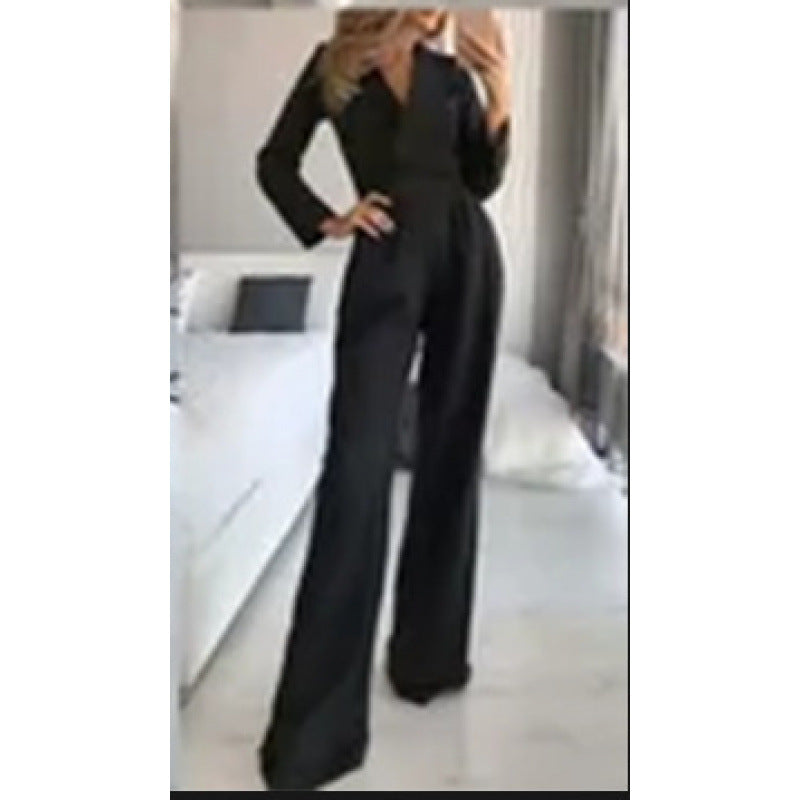Damen eleganter Jumpsuit mit langem Bein und klassischem Schauspielkragen R&B