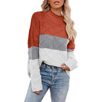 Damen farbenfroher Strickpullover mit strukturiertem Muster und hohem Kragen R&B