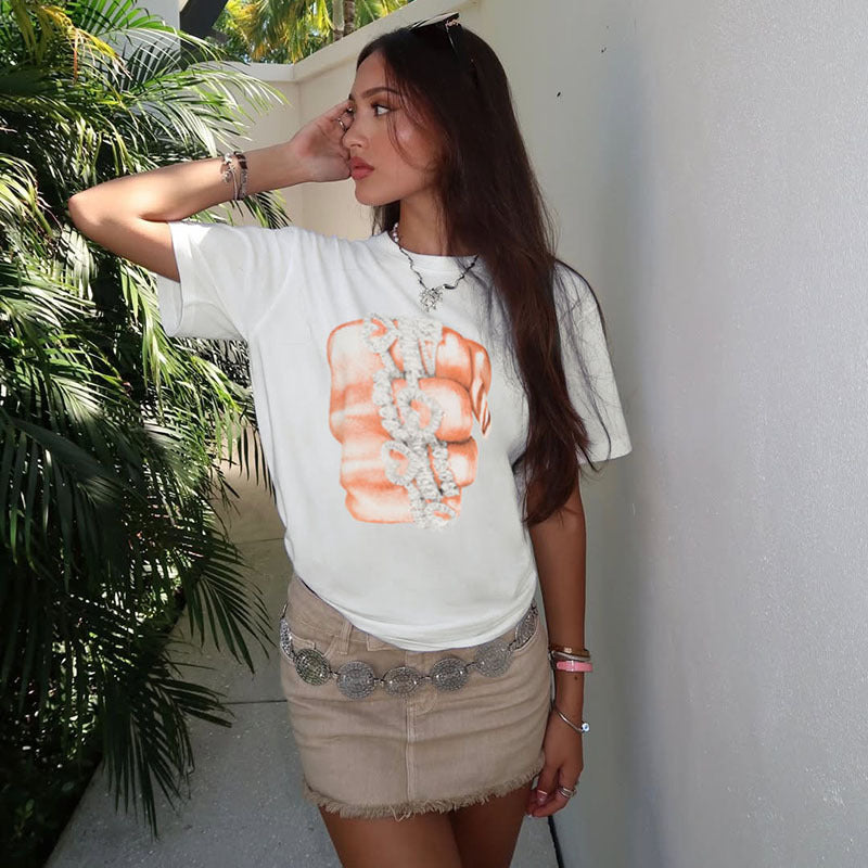 Damen T-Shirt mit glitzerndem Kreuzdesign und lässigem Schnitt R&B