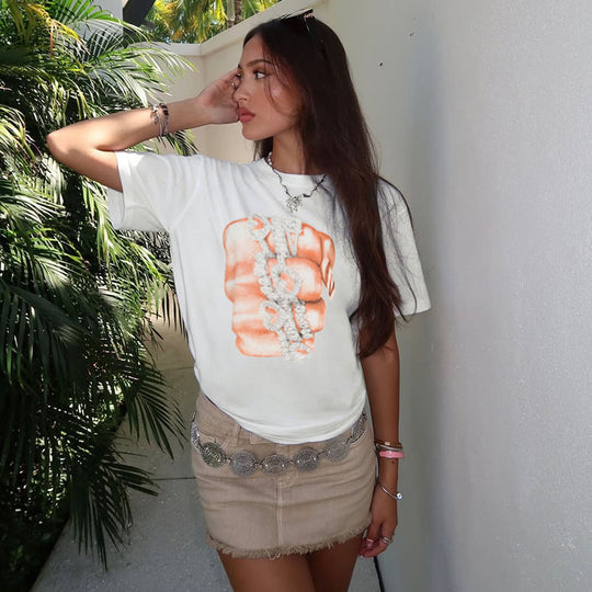 Damen T-Shirt mit glitzerndem Kreuzdesign und lässigem Schnitt R&B
