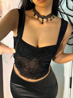 Damen Transparente Spinnenmuster Crop-Top R&B