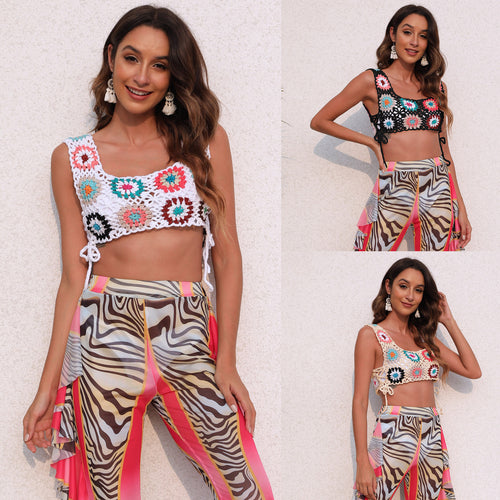 Damen gehäkeltes Crop-Top mit bunten Blumenmotiven R&B