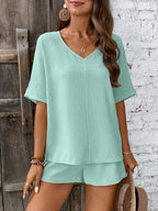 Damen Bequeme V-Ausschnitt Bluse mit Shorts R&B