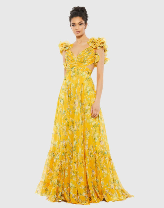 Damen Maxi-Kleid mit floralen Rüschen und schwingendem Design R&B