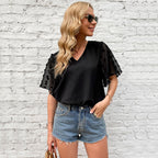 Damen elegantes Blusenshirt mit transparenten Rüschendetails und V-Ausschnitt