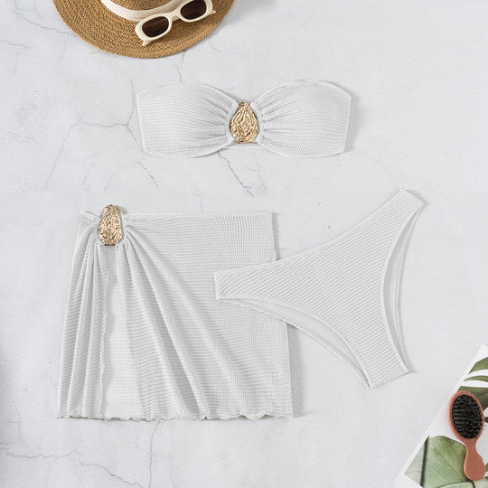 Damen Bandeau-Bikini-Set mit eleganten Falten und dekorativem Verschluss R&B