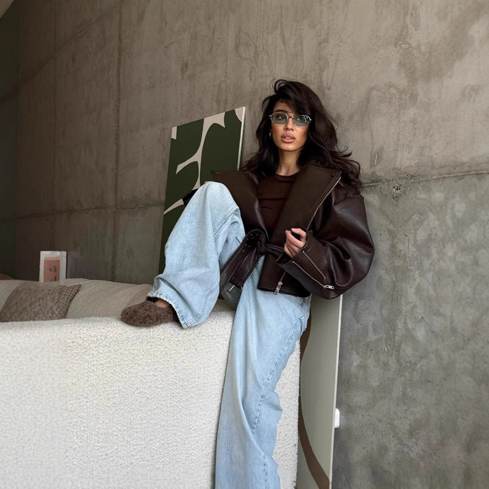 Damen elegante Kunstlederjacke mit Gürtel und übergroßen Ärmeln R&B