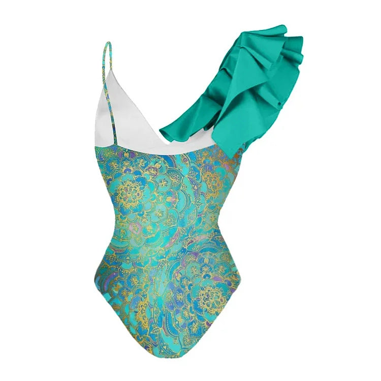 Damen Einteiler Badeanzug mit trendigem Volant-Design R&B