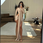 Damen Elegantes Maxikleid mit raffinierten Seitenschlitzen und langen Ärmeln R&B