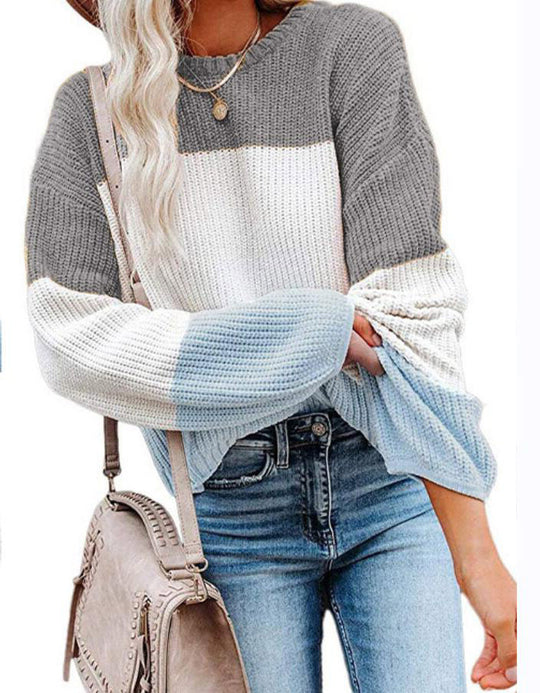 Damen modischer Strickpullover mit farbigem Blockdesign und weitem Schnitt R&B