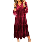 Damen elegantes Maxikleid aus samtigem Material mit großzügigen Rüschendetails R&B