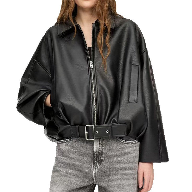 Damen Oversized Kunstlederjacke mit flauen Schultern und praktischen Druckknöpfen R&B