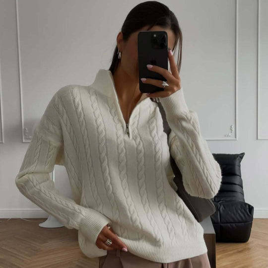 Damen Strickpullover mit modernem Zipper und Rippstrickdetails R&B