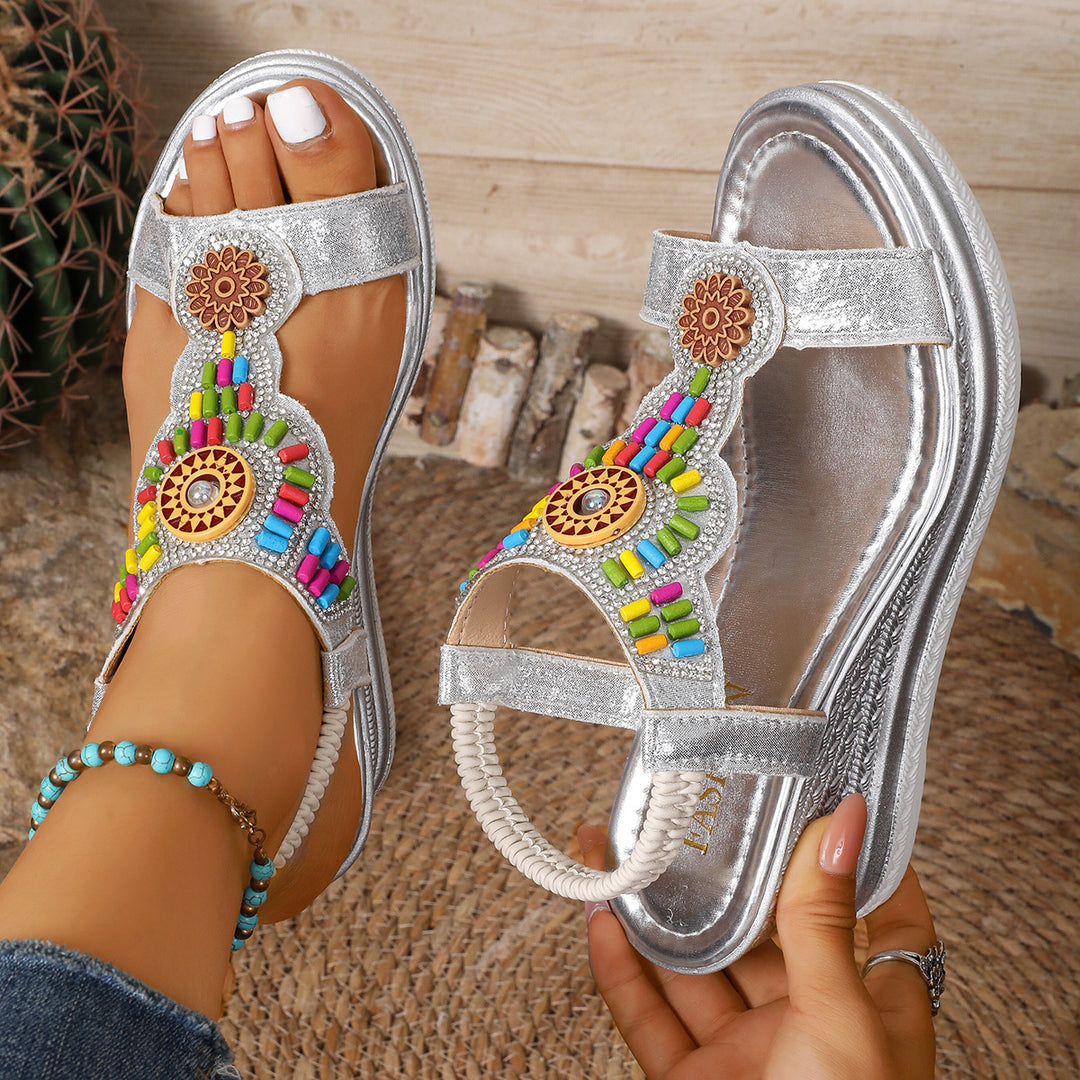 Damen Wedge-Sandalen mit bunten Perlen-Detail und rutschfester Sohle R&B