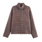 Damen modischer Strickpullover mit stilvollem Reißverschluss und dekorativen Knöpfen R&B