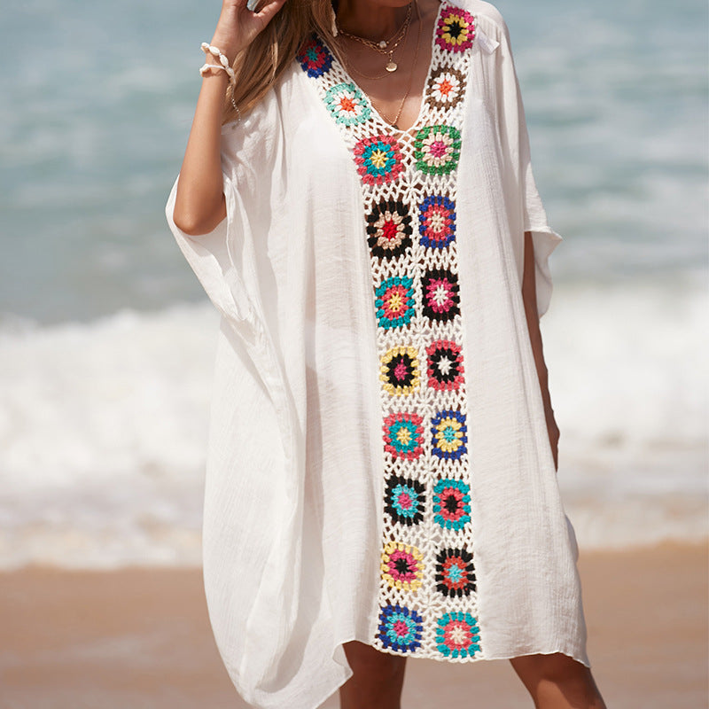 Damen Häkel-Strandtunika im lässigen Oversize-Stil mit bunten Applikationen R&B
