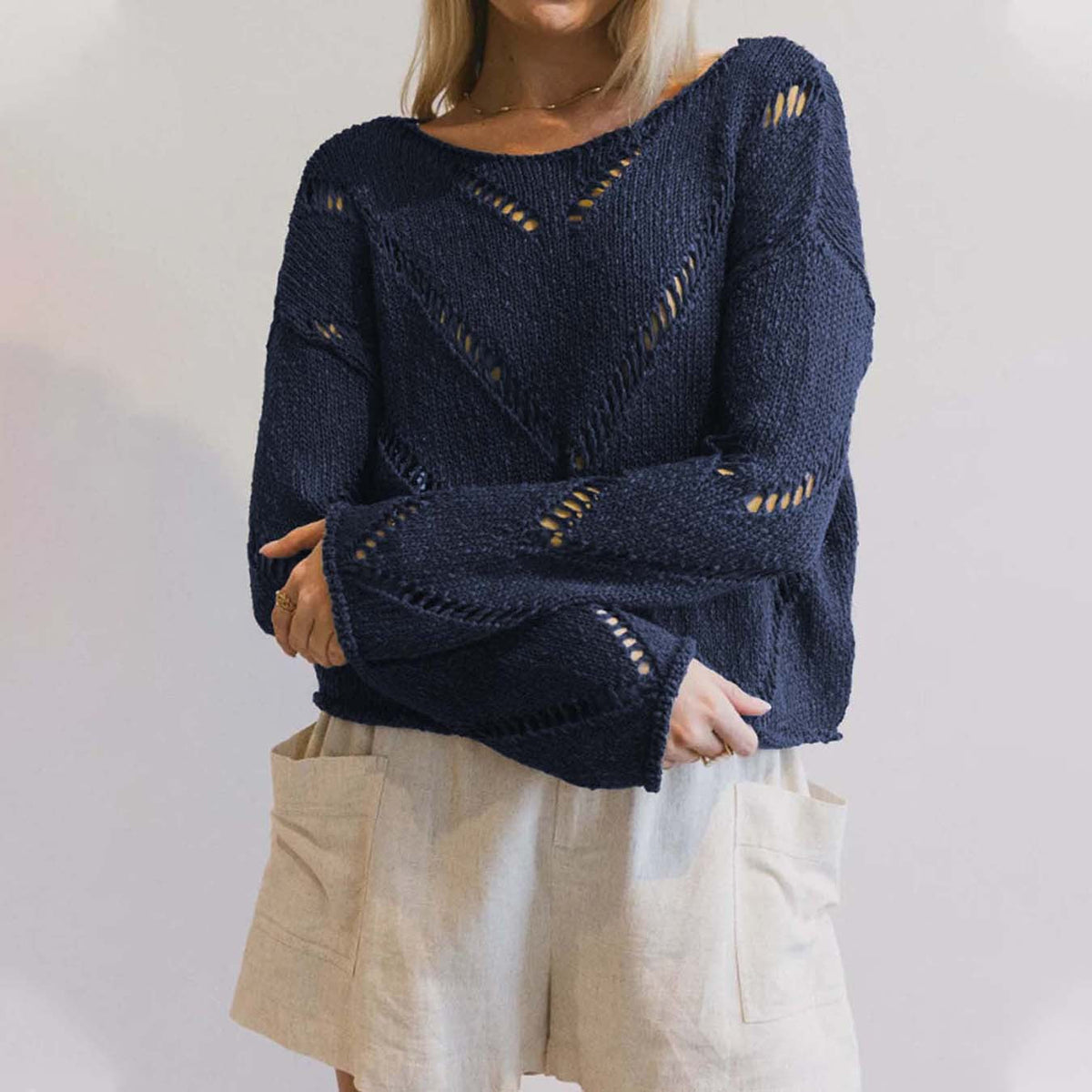 Damen lässiger Strickpullover mit luftiger Maschenstruktur