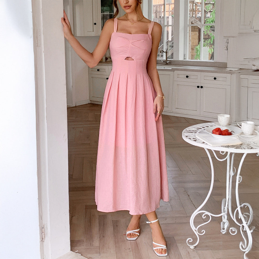 Damen Knielanges Leinenkleid mit ausgestelltem Rock und V-Ausschnitt R&B