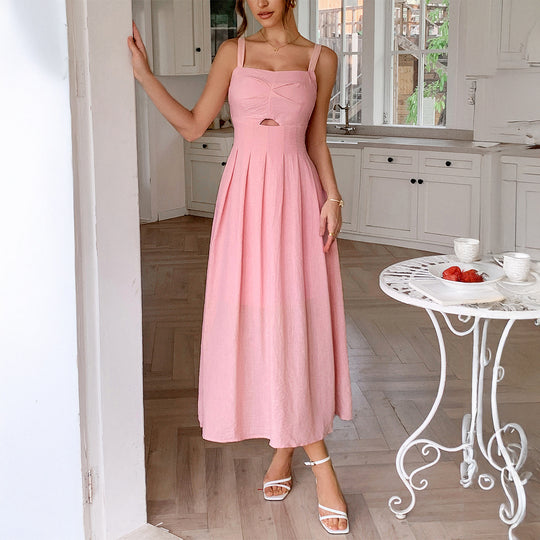 Damen Knielanges Leinenkleid mit ausgestelltem Rock und V-Ausschnitt R&B