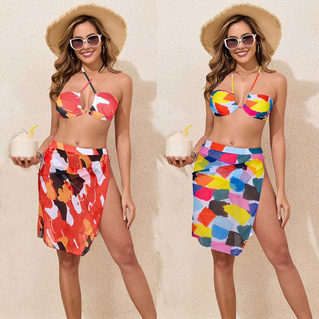 Damen Bunt bedrucktes Bikini-Set mit luftigem Überrock R&B