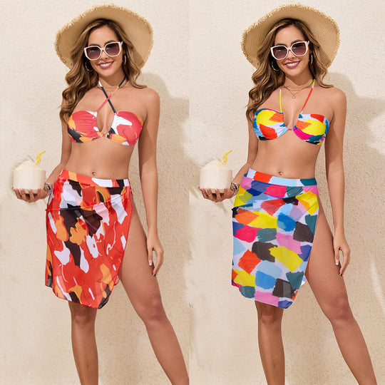 Damen Bunt bedrucktes Bikini-Set mit luftigem Überrock R&B