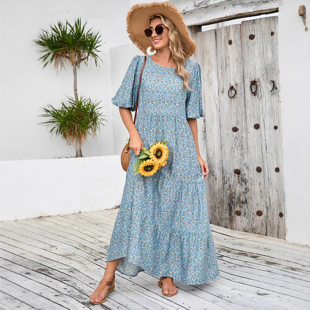 Damen Maxikleid mit Puffärmeln und voluminösem Saum R&B