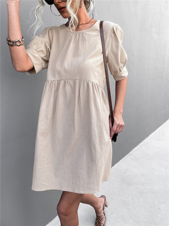 Damen lässiges Kurzarmkleid mit elastischem Bund und voluminösen Ärmeln R&B