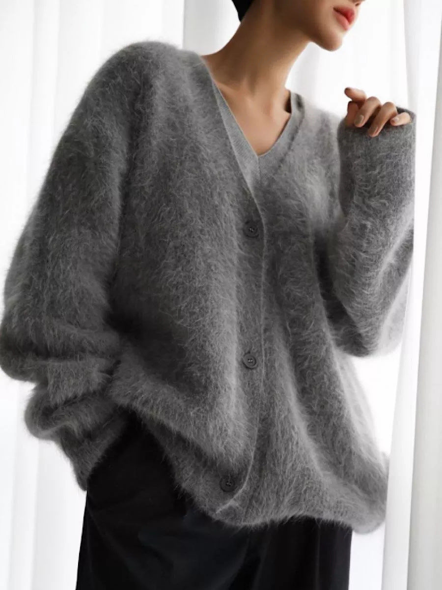 Damen gemütlicher Strickcardigan mit weichem Flauschmaterial und modischem Knopfdetail R&B