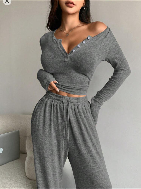 Damen Set aus lässigem Langarmoberteil und bequemen Palazzohose R&B