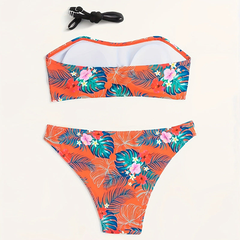 Damen Bandeau-Bikini mit tropischem Muster und elastischem Unterteil